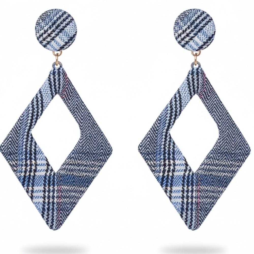 Womens Blue Fabric Diamond Shape Post Earrings